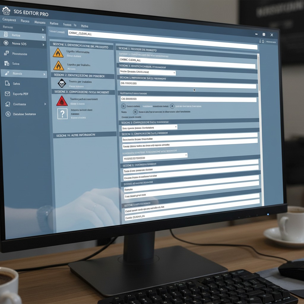 Monitor che mostra l'interfaccia software SDS Editor Pro per la gestione di schede di sicurezza chimica.