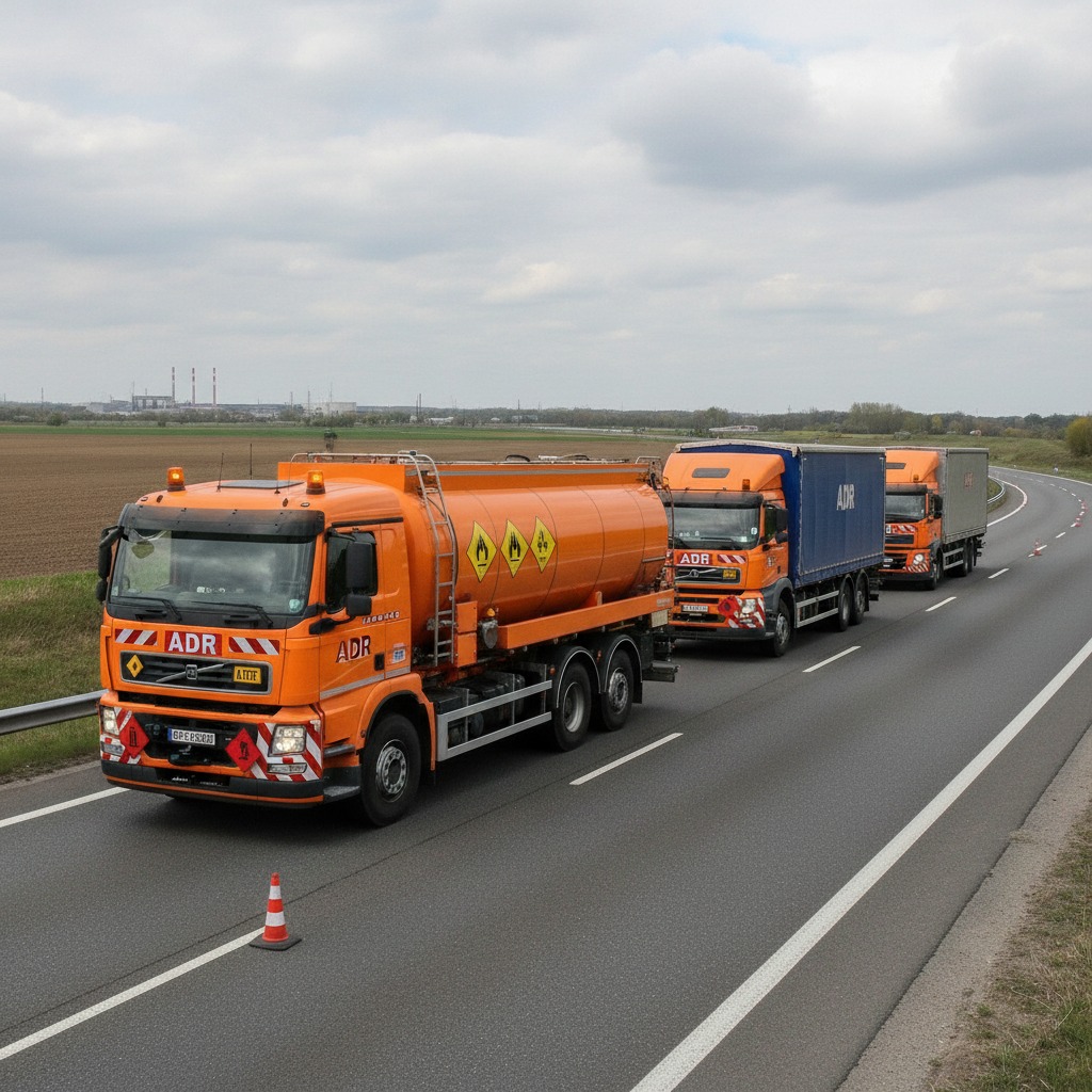 Una fila di tre camion arancioni per il trasporto di merci pericolose viaggia su una strada extraurbana.